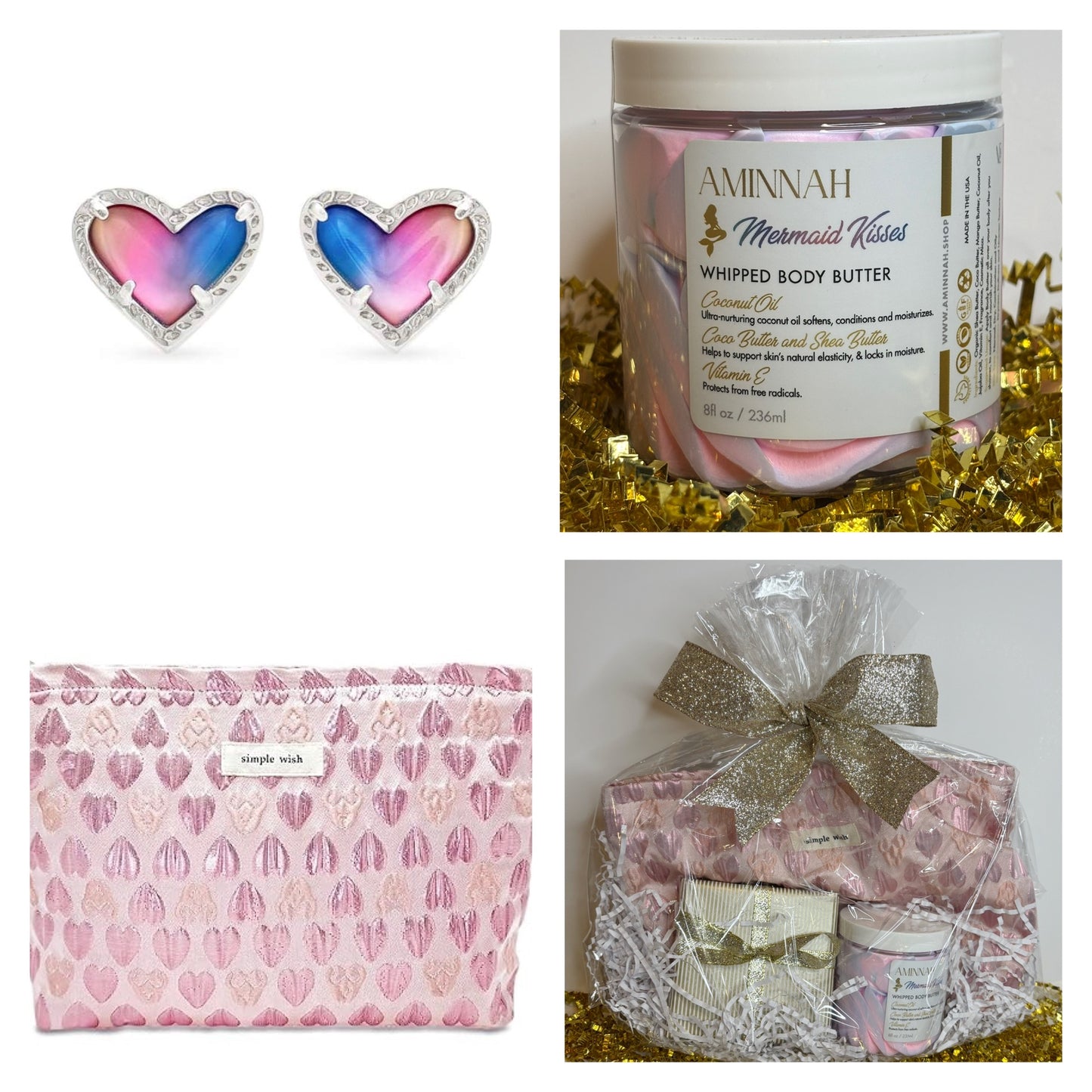 Girls Pink Heart Set-Kendra Scott Earrings with Mermaid Body Butter & Heart Makeup Bag