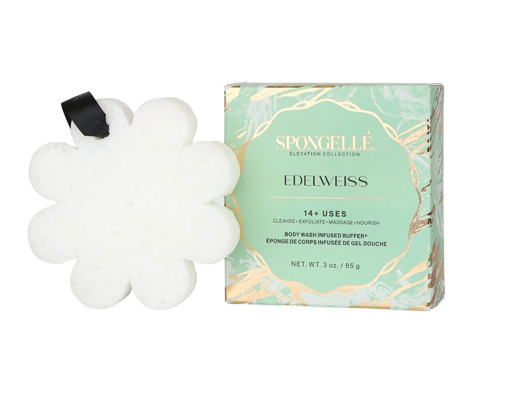 Emerald Glow Luxury Gift Set — Eco-Friendly Green Simonetta Clutch, Spongellé Edelweiss Spa Buffer & Gorjana Aventurine Necklace