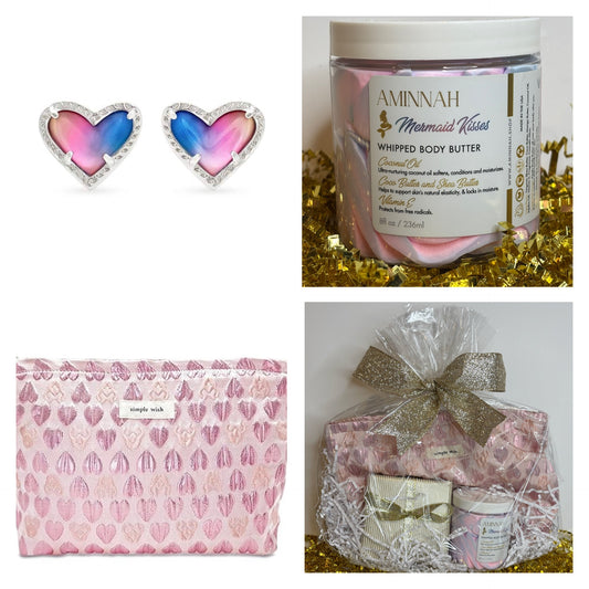 Girls Pink Heart Set-Kendra Scott Earrings with Mermaid Body Butter & Heart Makeup Bag