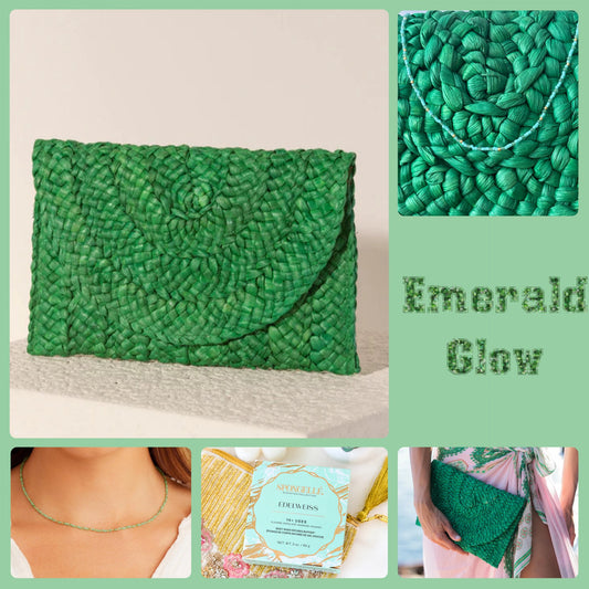 Emerald Glow Luxury Gift Set — Eco-Friendly Green Simonetta Clutch, Spongellé Edelweiss Spa Buffer & Gorjana Aventurine Necklace